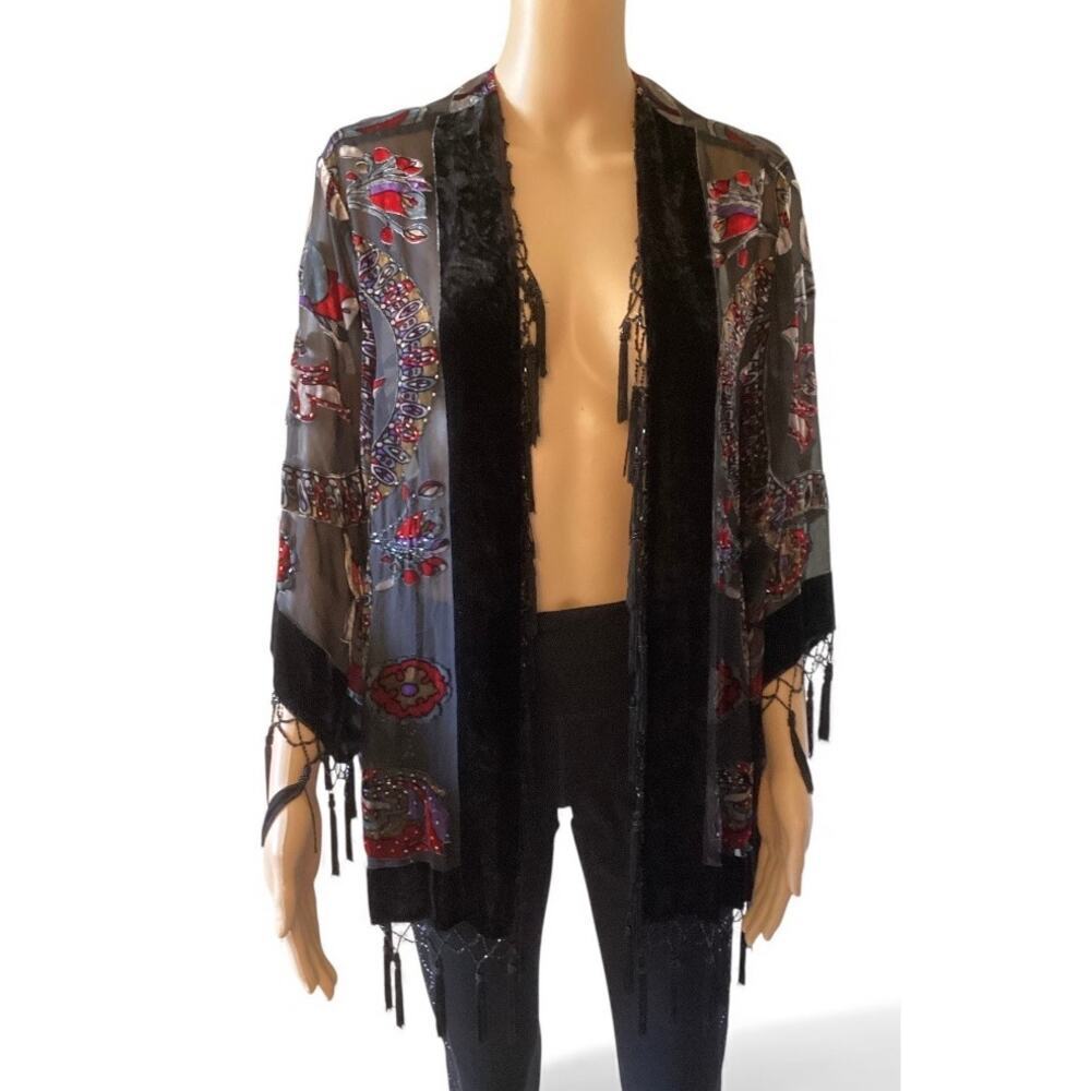 MSK Women's Silk Blend Sheer Floral Velvet‎ Burnout Kimono Cardigan sz XL